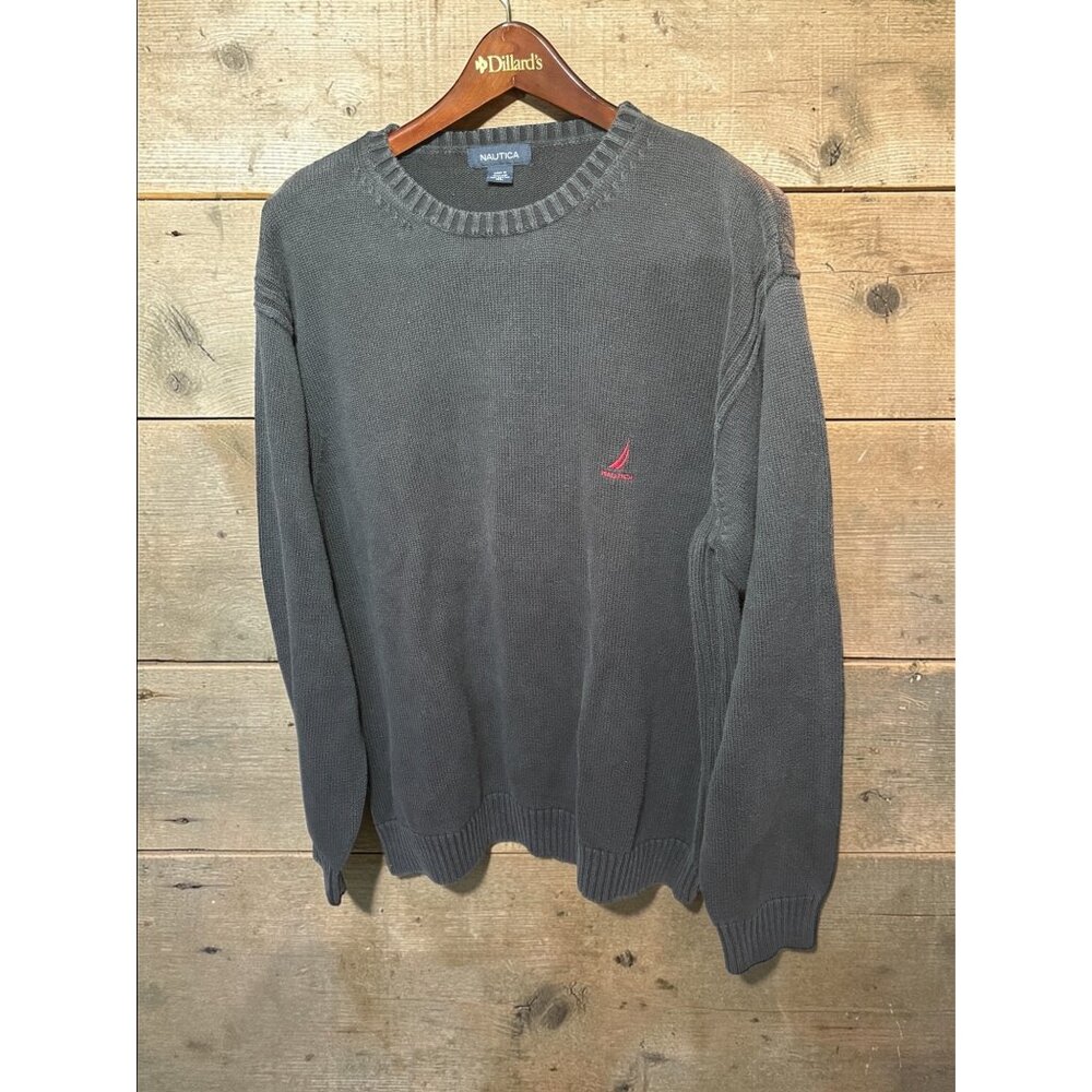 Nautica Mens XL Black 100% Cotton Knit Crewneck Sweater With Red Logo Embroidery